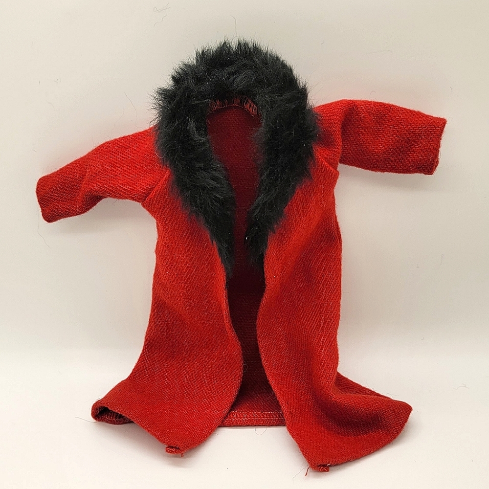 Retro Handmade Red Wool Doll Coat with Black Fur Trim